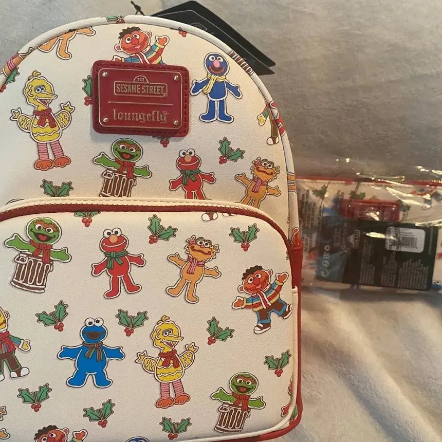 2022 Sesame Street All Over Print Christmas Loungefly Backpack & Wallet Set NWT