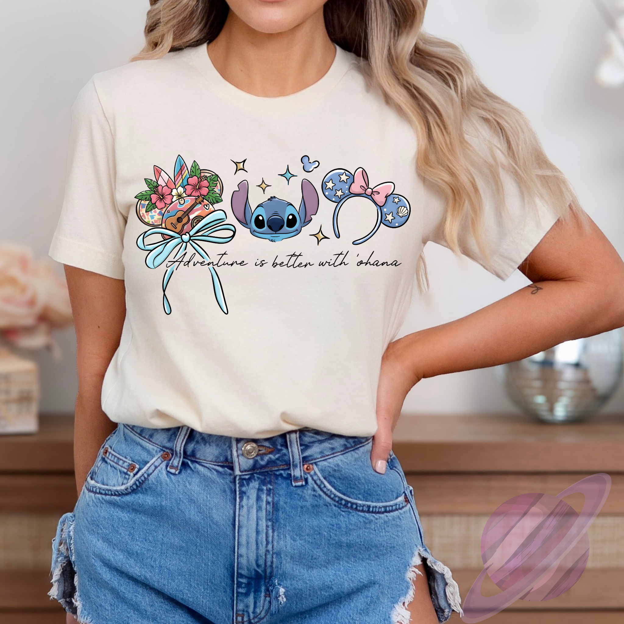 Cute Blue Alien Adventure Tee | Ohana-Inspired Floral Bow Shirt | Pastel Star Ears Graphic Top