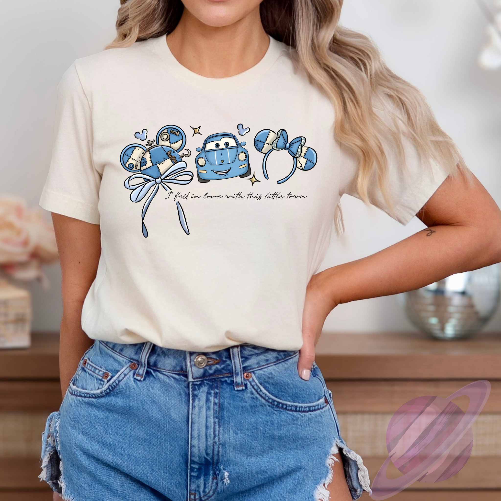Cute Patchwork Blue Town Tee | Happy Mouse Car Shirt | Pastel Bow Ear Tee