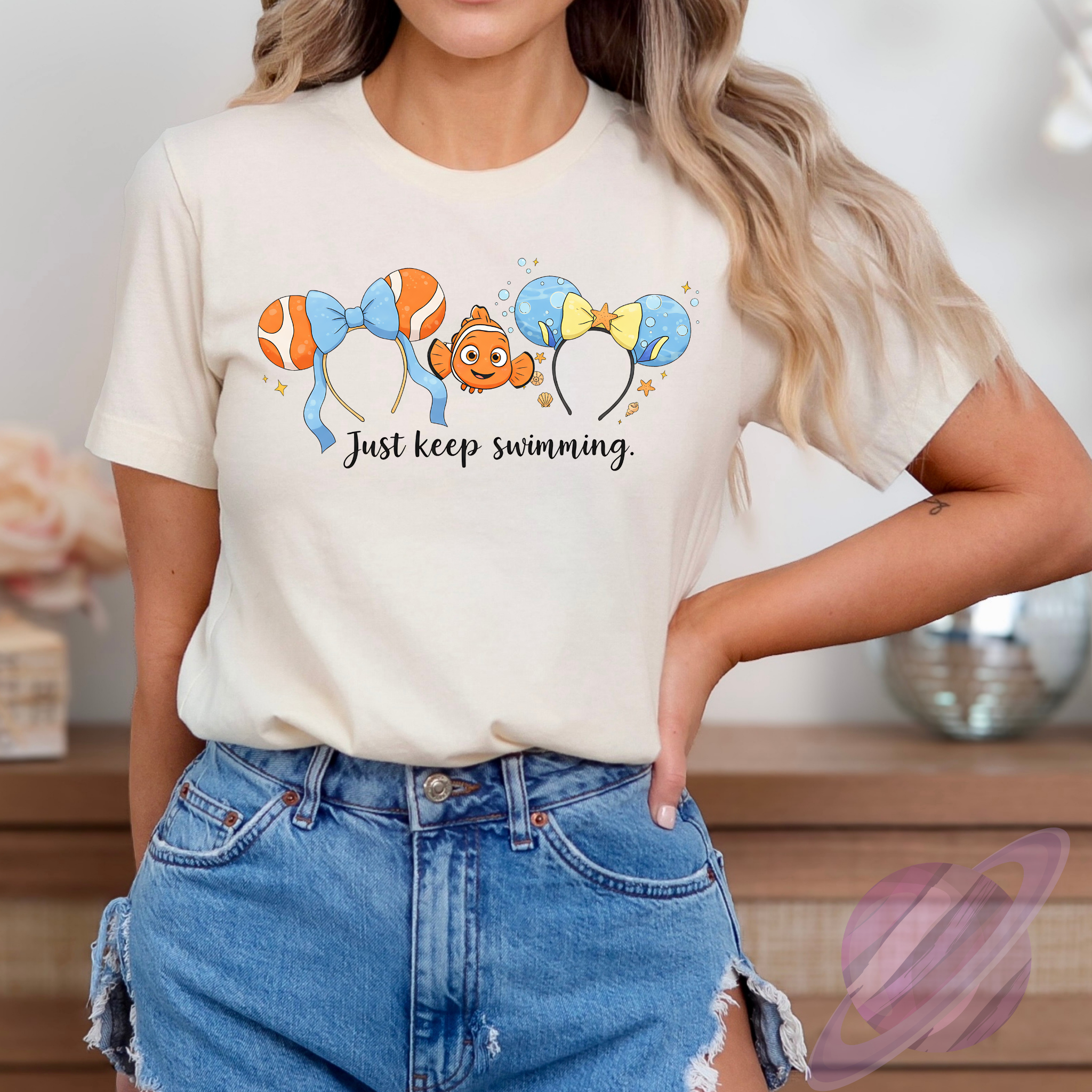 Just Keep Swimming Cute Ocean Fish Tee – Magical Bow Ears Shirt for Women,